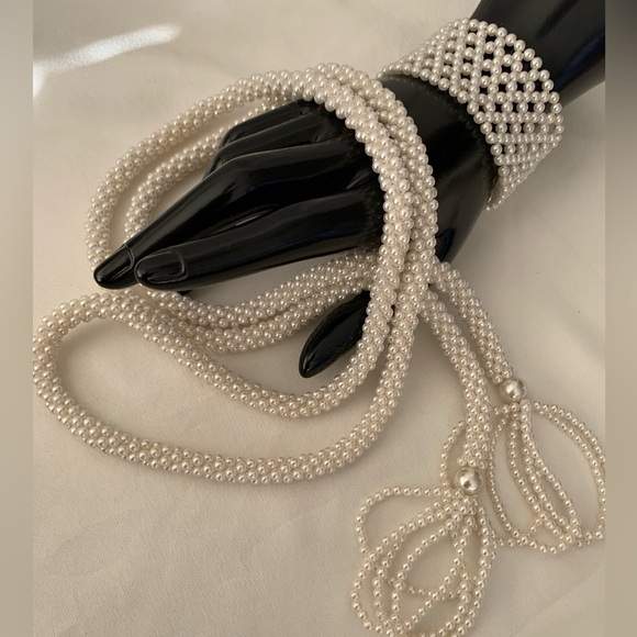 🔴Faux Pearl Lariat Necklace and Mesh Stretch Bracelet Set - Picture 5 of 5